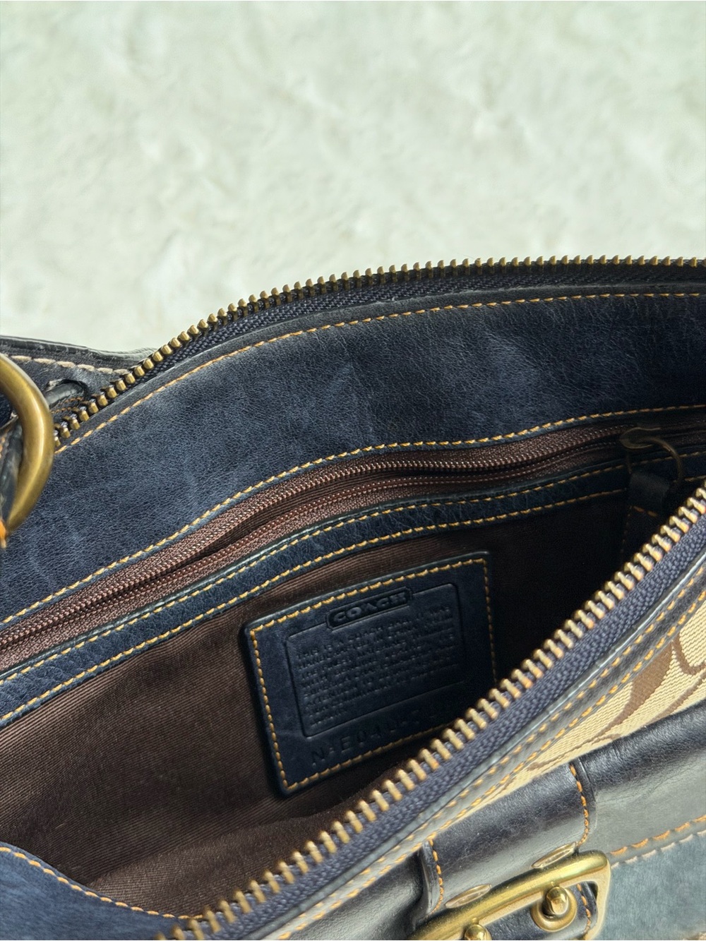 Coach Brown Logo Canvas Shoulder Bag with Dark Blue Leather Trim - Picture 10 of 10
